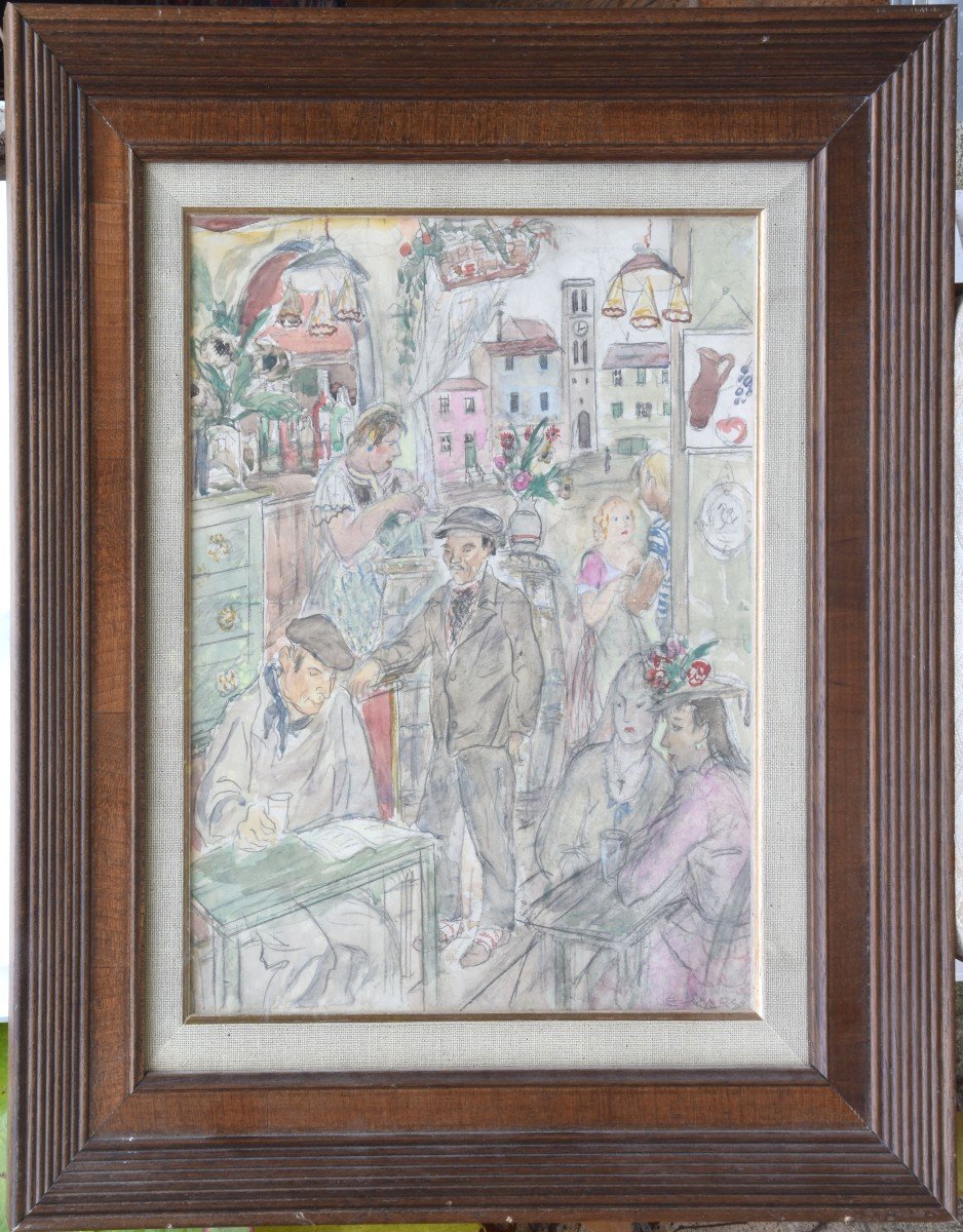 Ethel Mars "cafe Scene" Watercolor Gouache 38x30